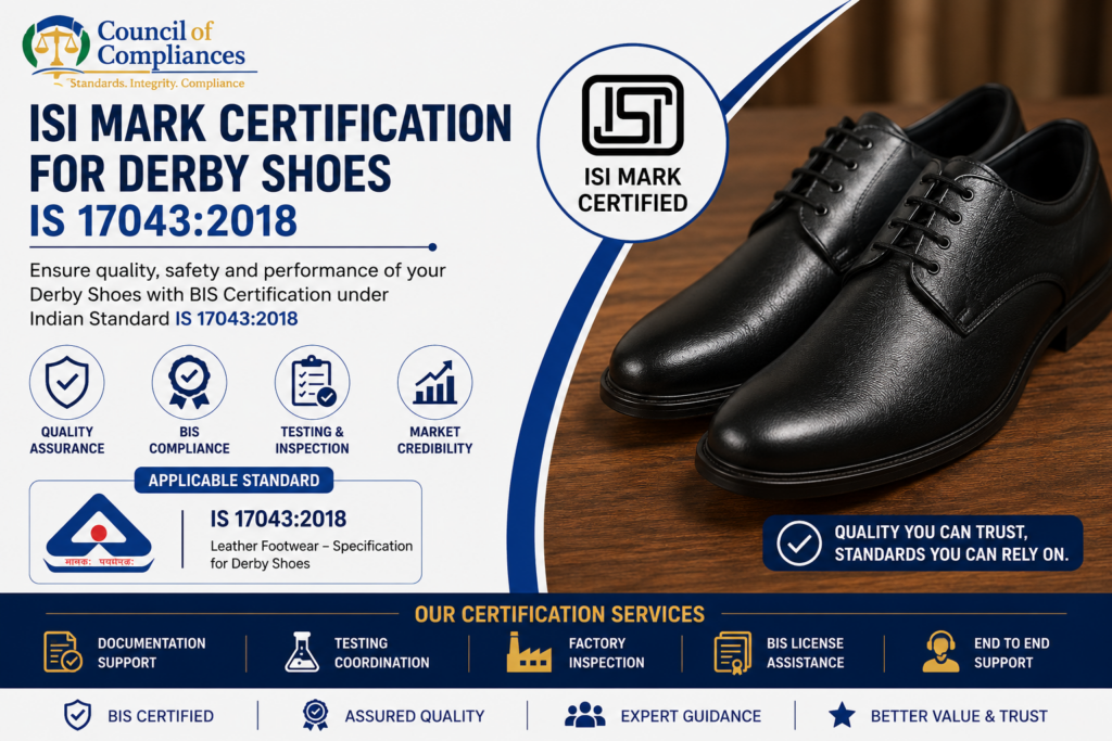ISI Mark Certification for Derby Shoes IS 17043:2018