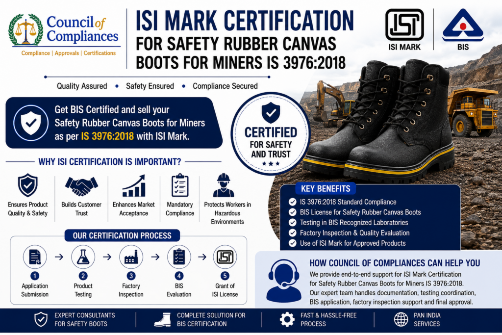 ISI Mark Certification for Safety Rubber Canvas Boots for Miners IS 3976:2018